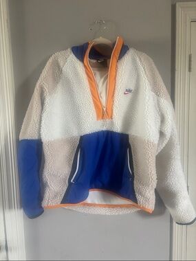 Nike White Sherpa Pullover with Blue Panels & Orange Trim